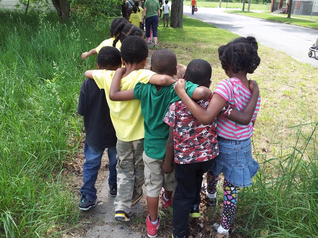 Boggs School students walking, May 2014